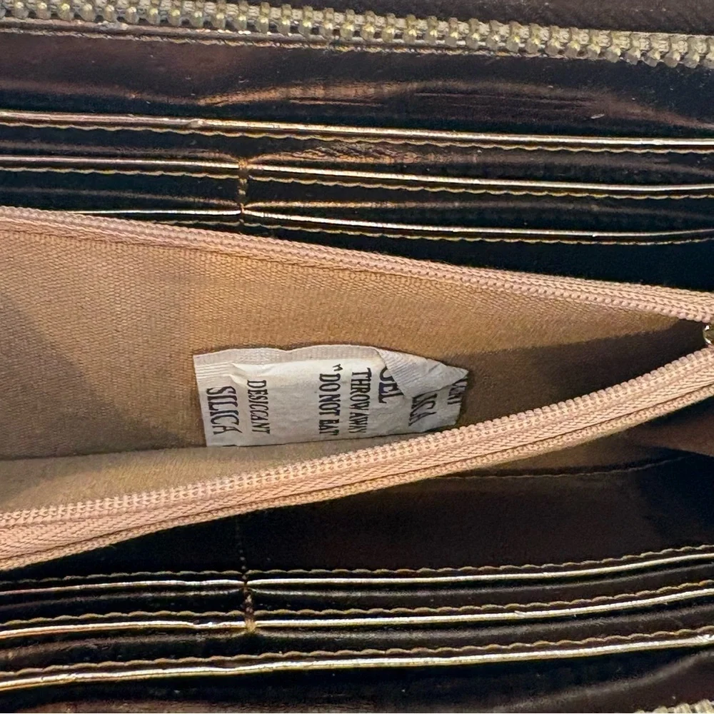 The Limited Tan and Gold Wallet Wristlet Clutch Gold Tassle Chain Beige striped